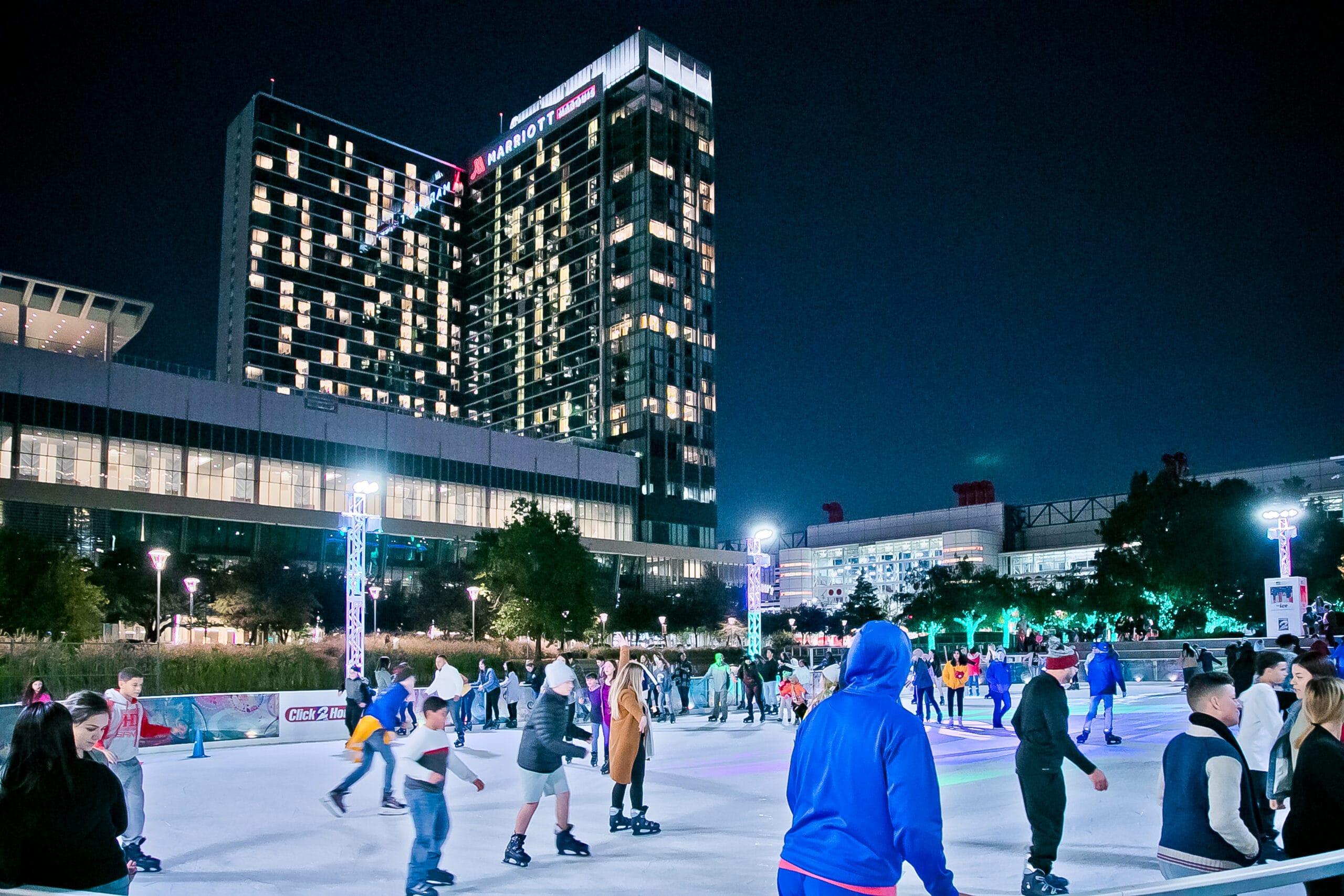 Ice skating for a discounted price during happy hour at Discovery Green in downtown Houston.