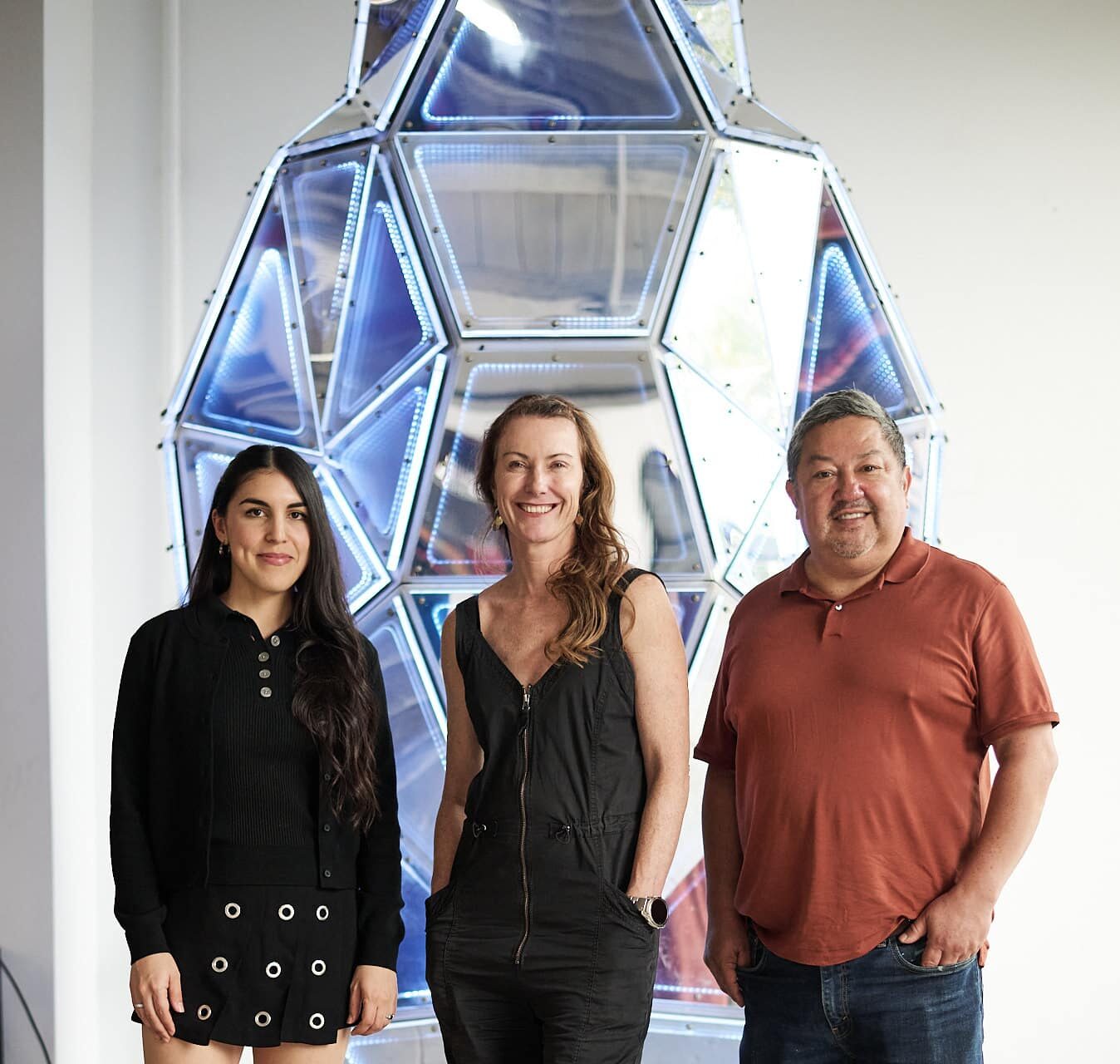 Jen Lewin, center, poses with Art Lab Fellows Karen Navarro (left) and Gerardo Rosales (right)